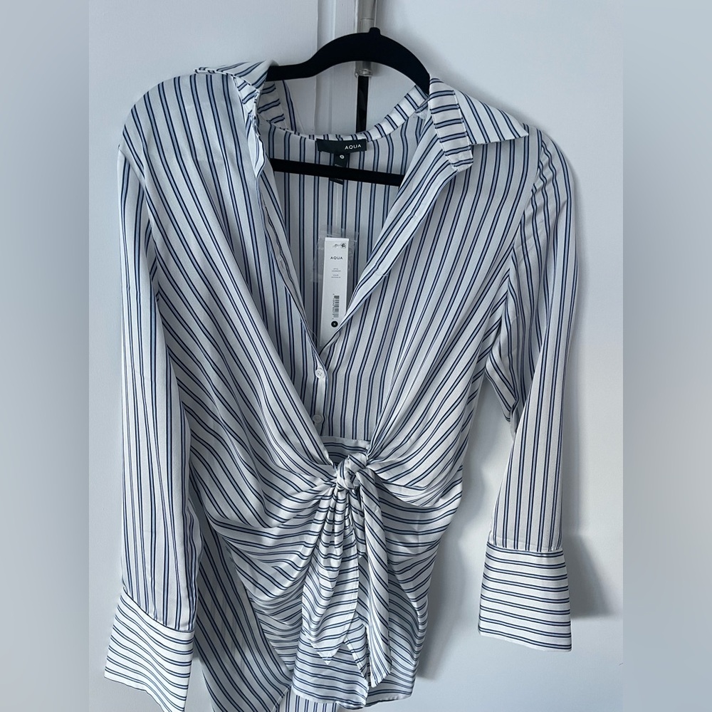 AQUA Tie Front Shirt Dress - Striped